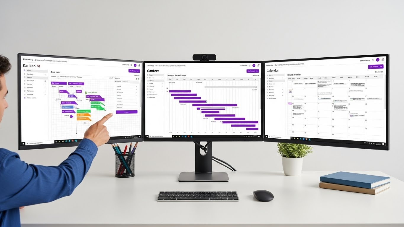 Multiple project management views including Kanban board, Gantt chart, and calendar view